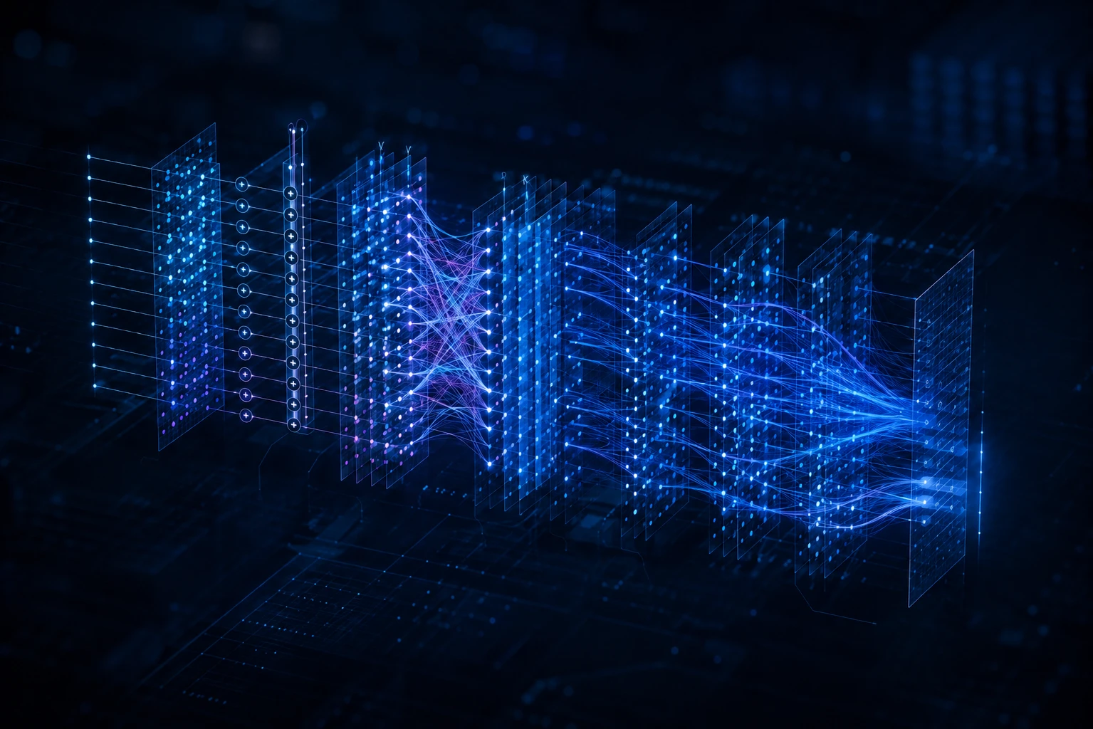 Neural network visualization with glowing blue data pathways